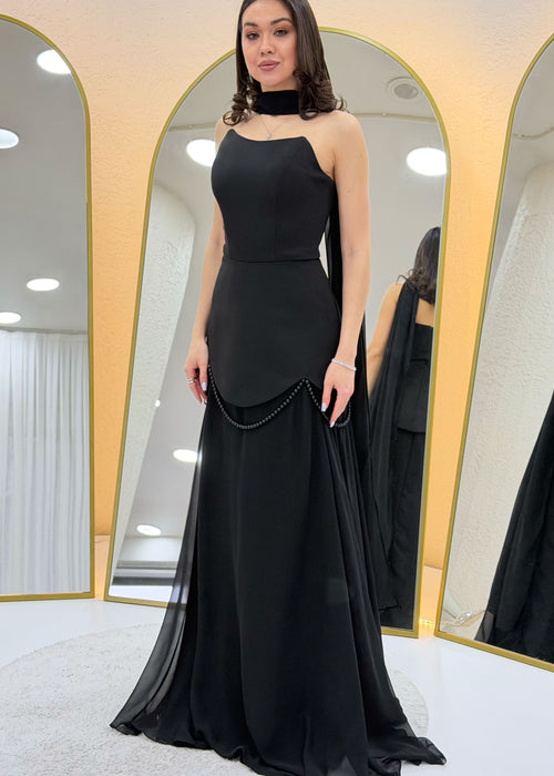 Black Shawl-Detailed Corset Skirt Chiffon Design Evening Dress