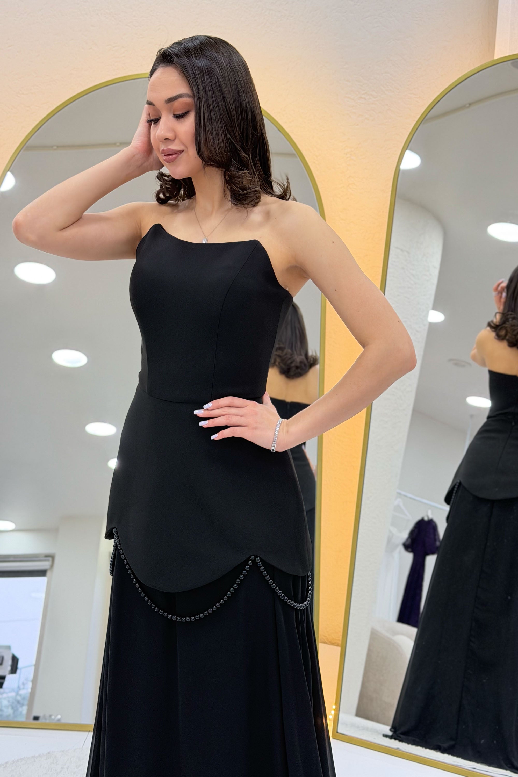 Black Shawl-Detailed Corset Skirt Chiffon Design Evening Dress