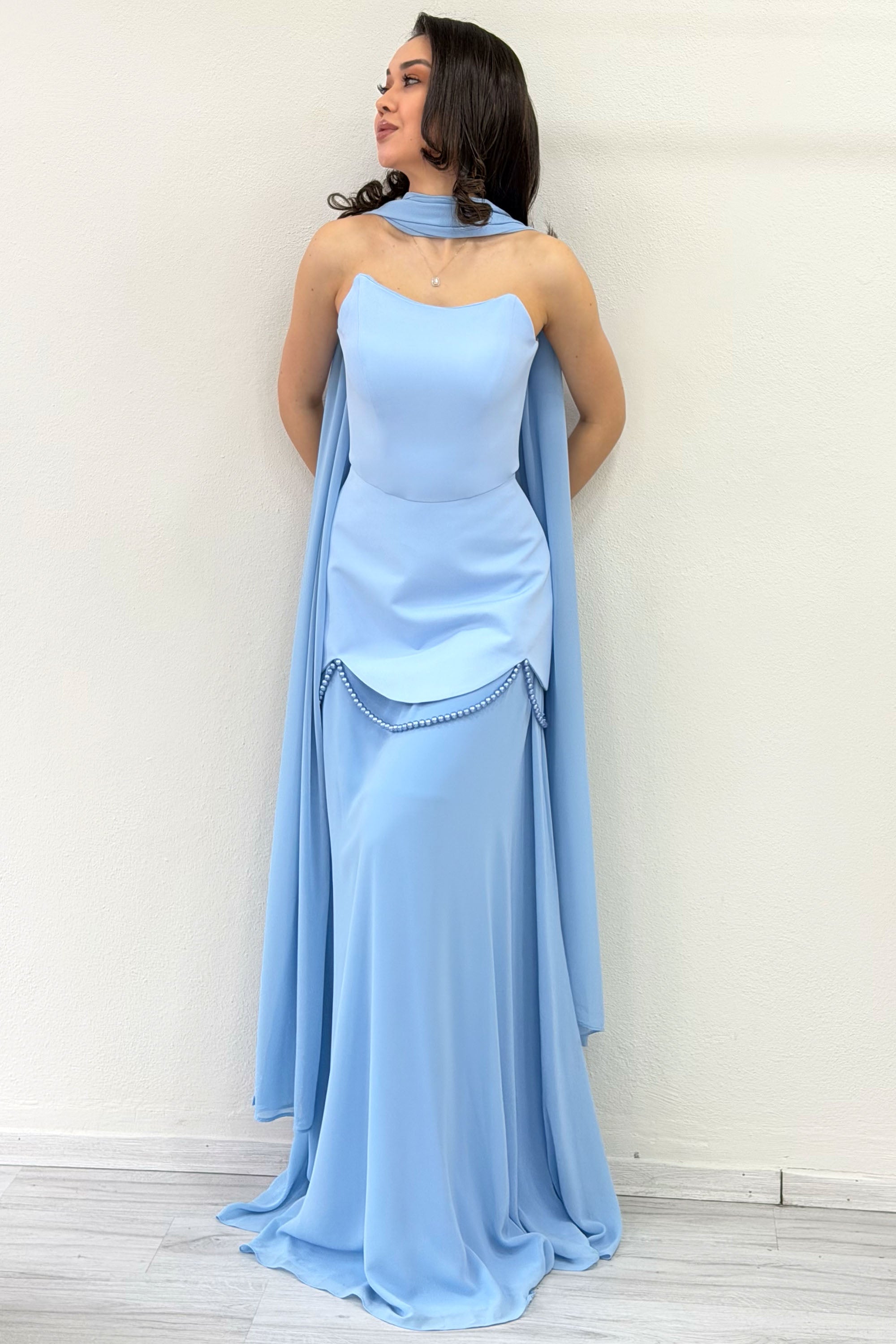 Baby Blue Shawl Detailed Corset Skirt Chiffon Design Evening Dress
