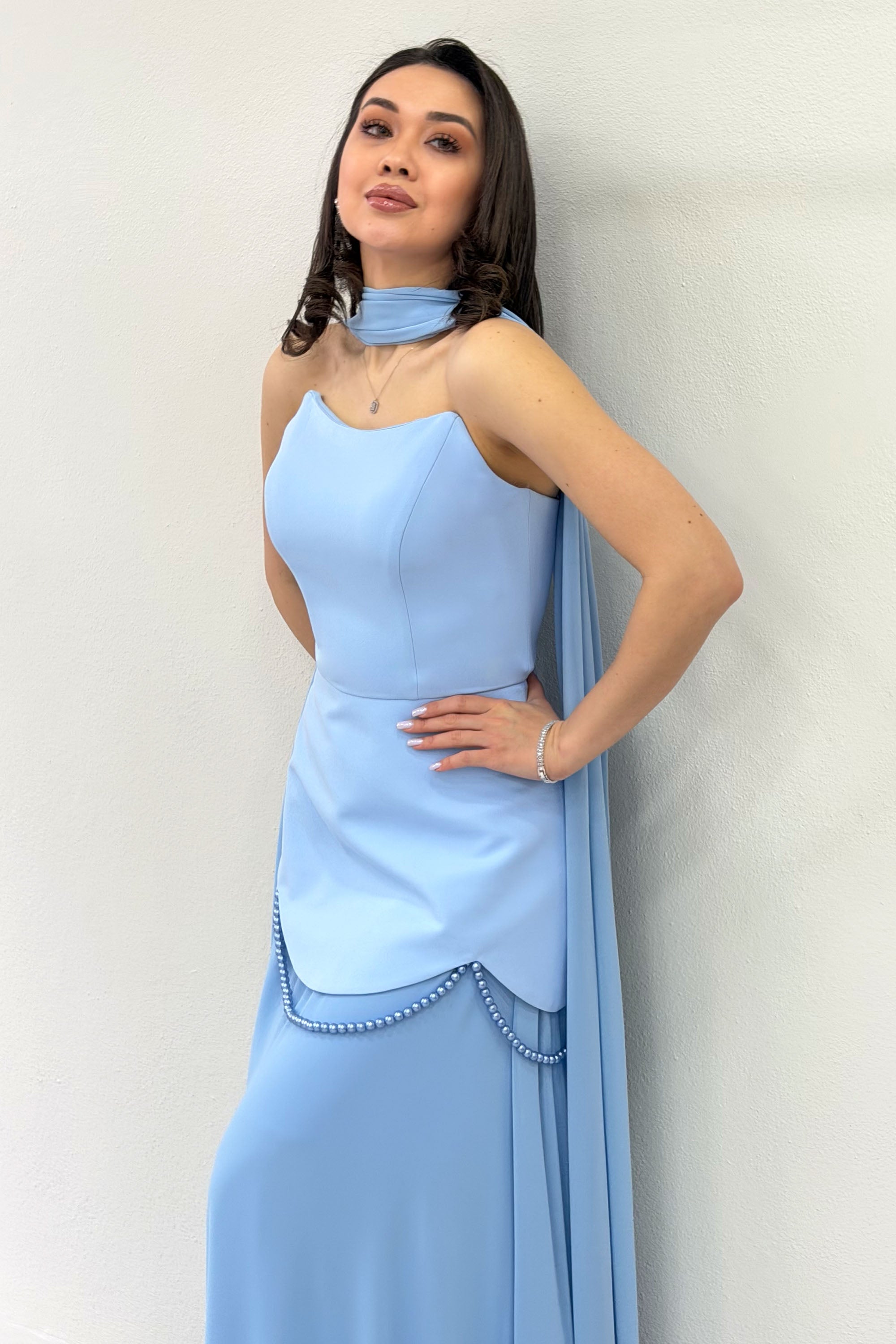 Baby Blue Shawl Detailed Corset Skirt Chiffon Design Evening Dress