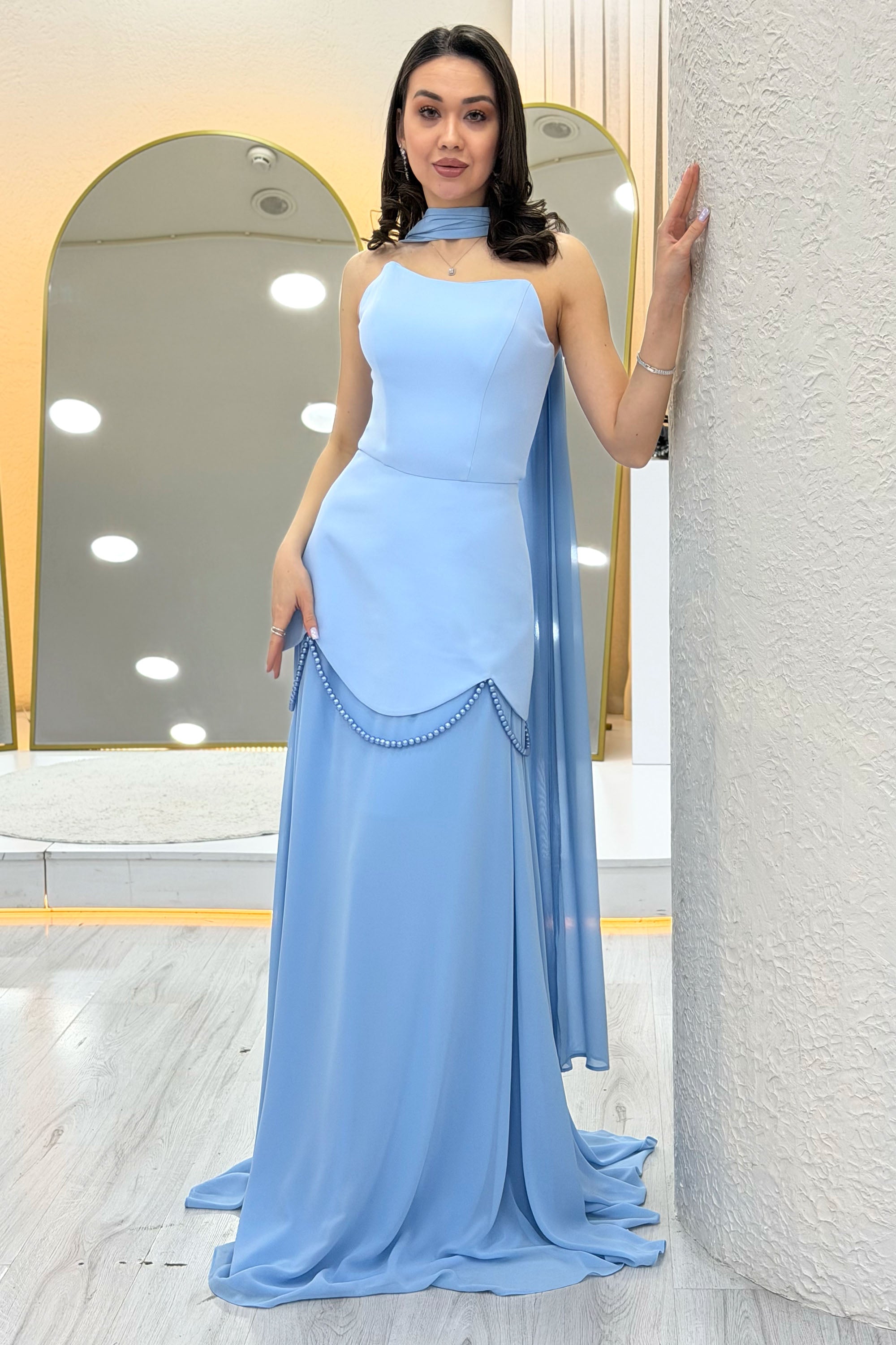 Baby Blue Shawl Detailed Corset Skirt Chiffon Design Evening Dress