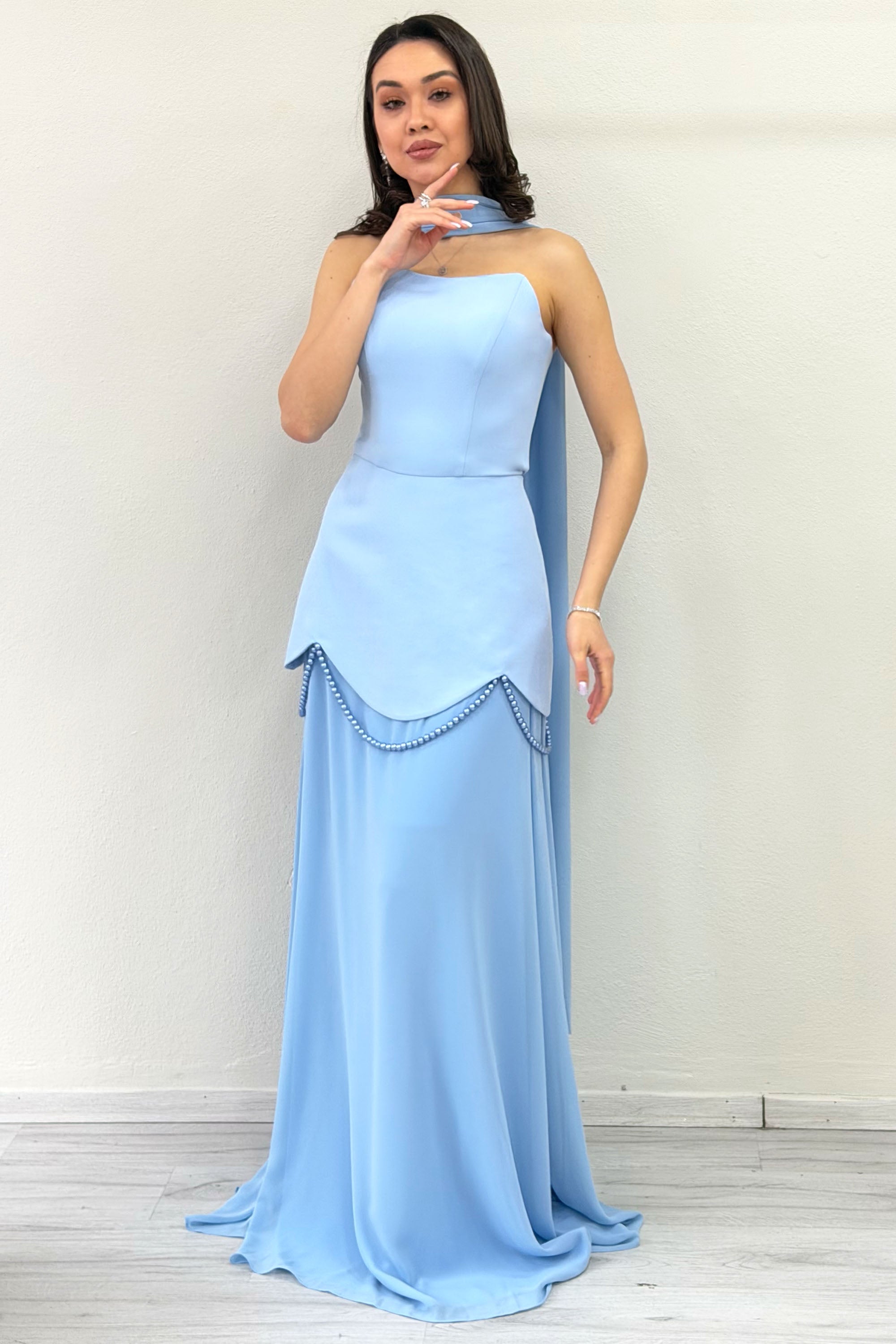 Baby Blue Shawl Detailed Corset Skirt Chiffon Design Evening Dress