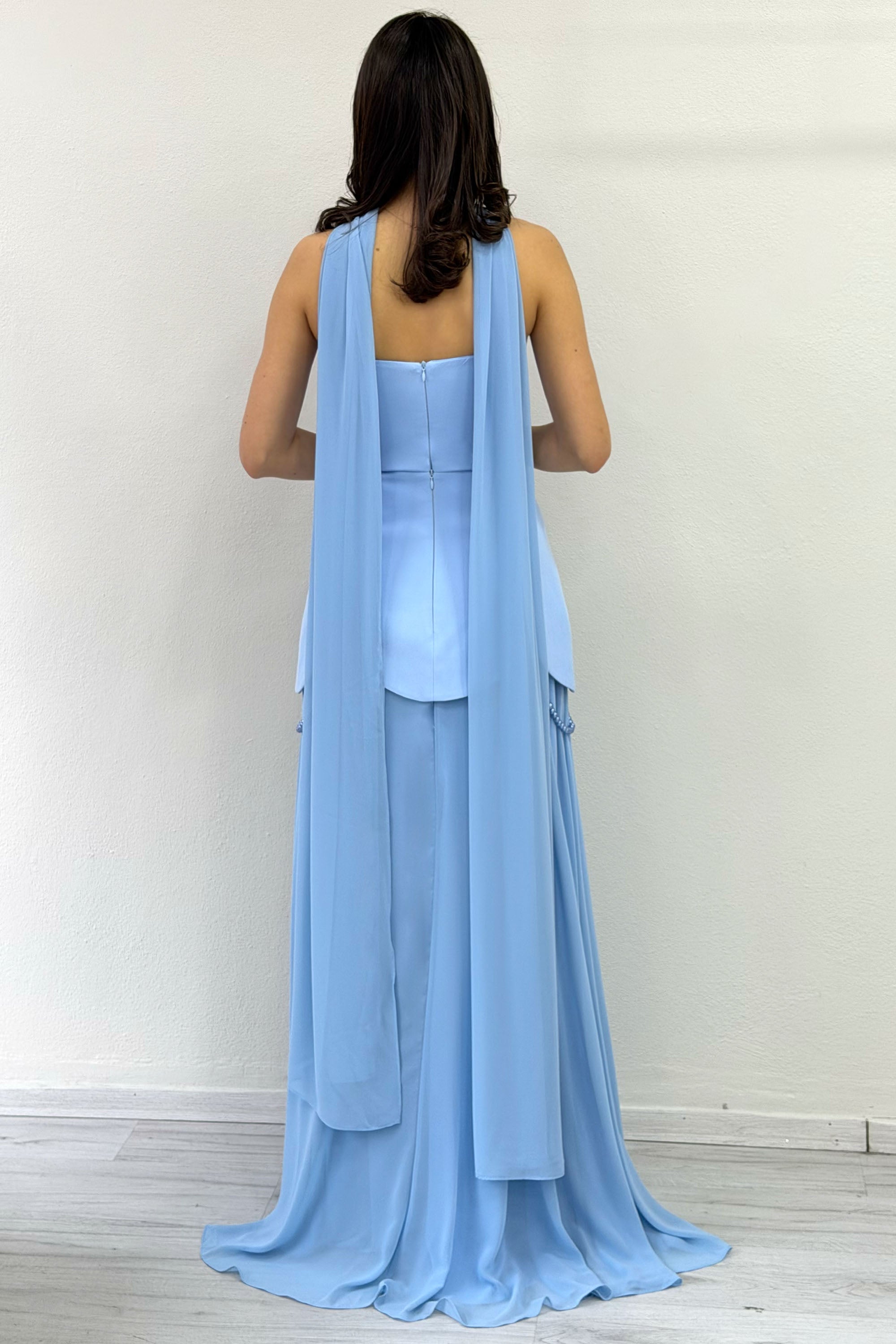 Baby Blue Shawl Detailed Corset Skirt Chiffon Design Evening Dress