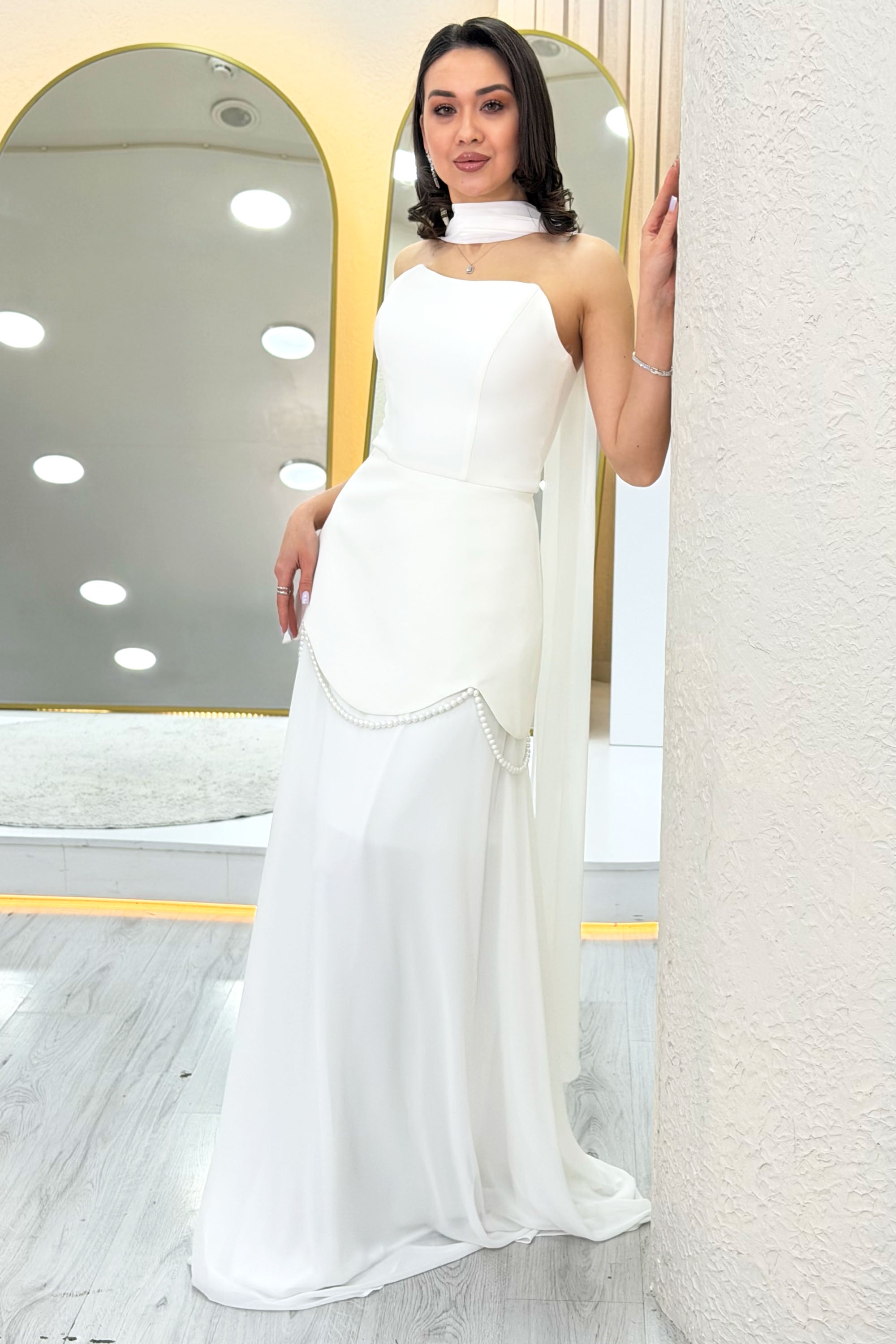 White Shawl Detailed Corset Skirt Chiffon Design Wedding Dress