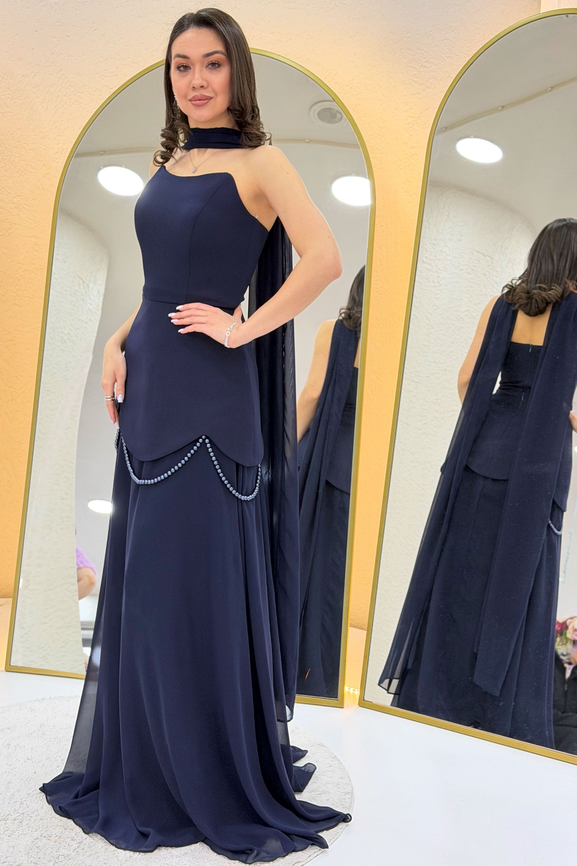 Navy Blue Shawl-Detailed Corset Skirt Chiffon Design Evening Dress