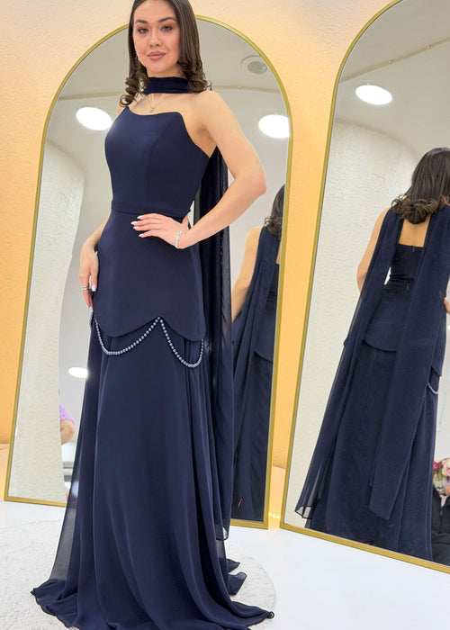 Navy Blue Shawl-Detailed Corset Skirt Chiffon Design Evening Dress