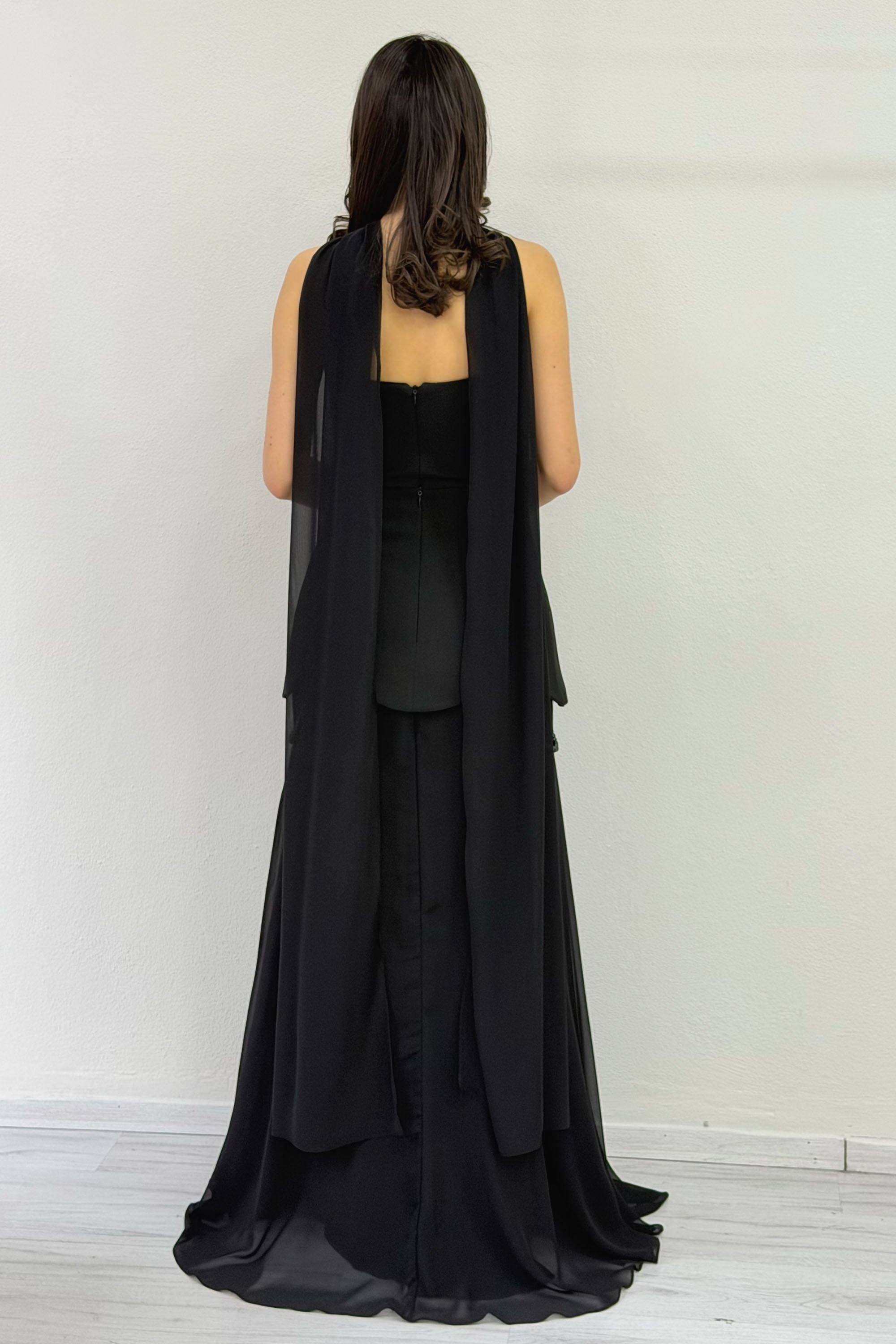 Black Shawl-Detailed Corset Skirt Chiffon Design Evening Dress