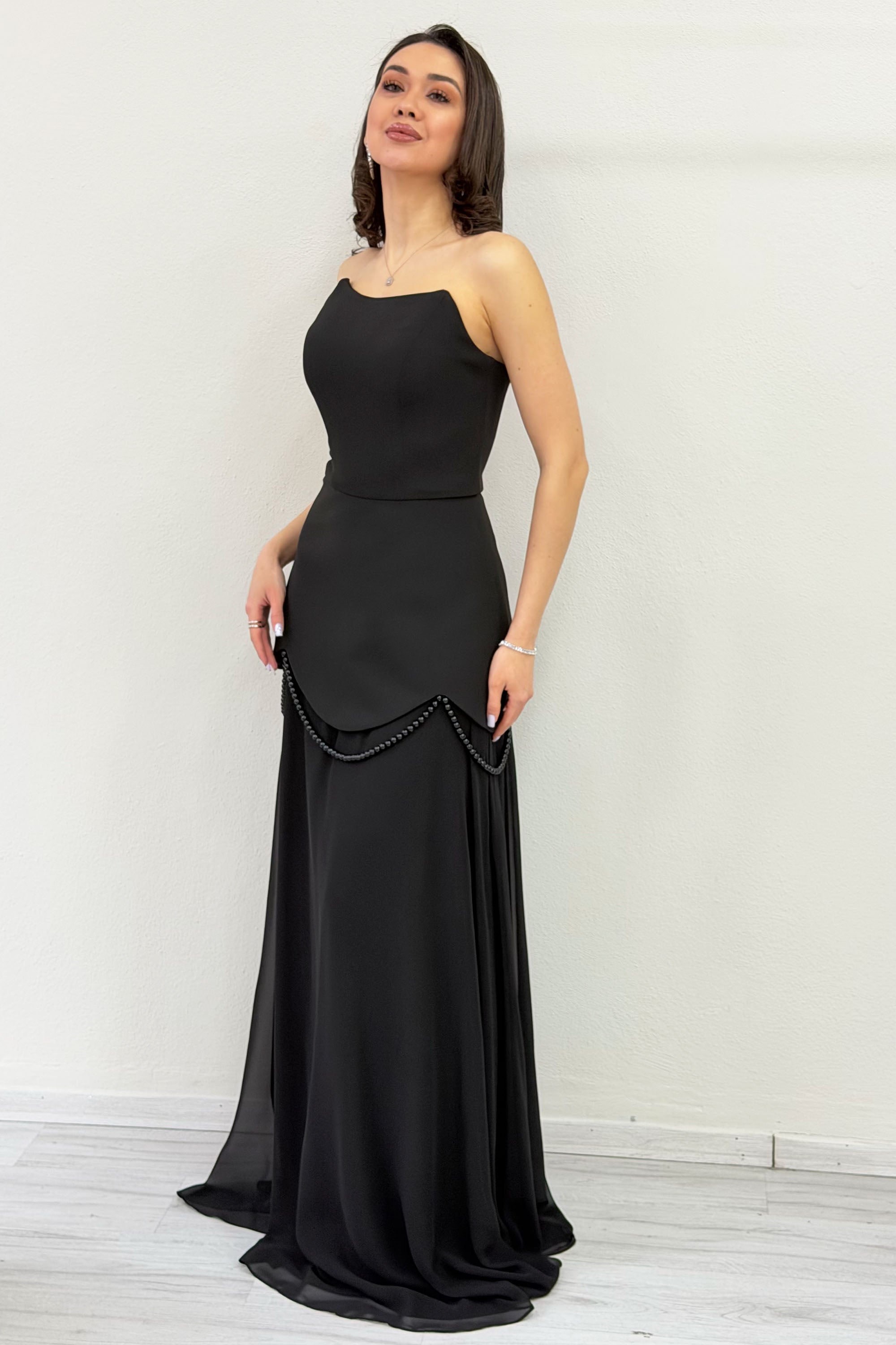 Black Shawl-Detailed Corset Skirt Chiffon Design Evening Dress