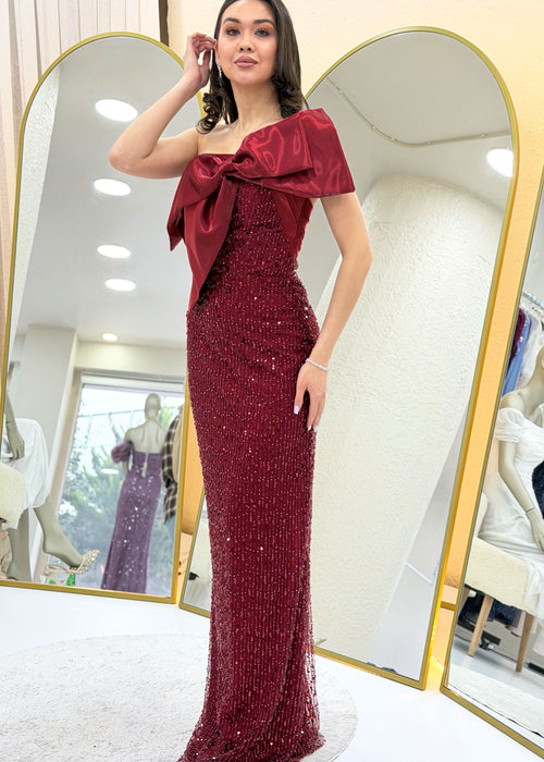 Burgundy Bow Collar Detail One-Shoulder Beaded Evening Dress