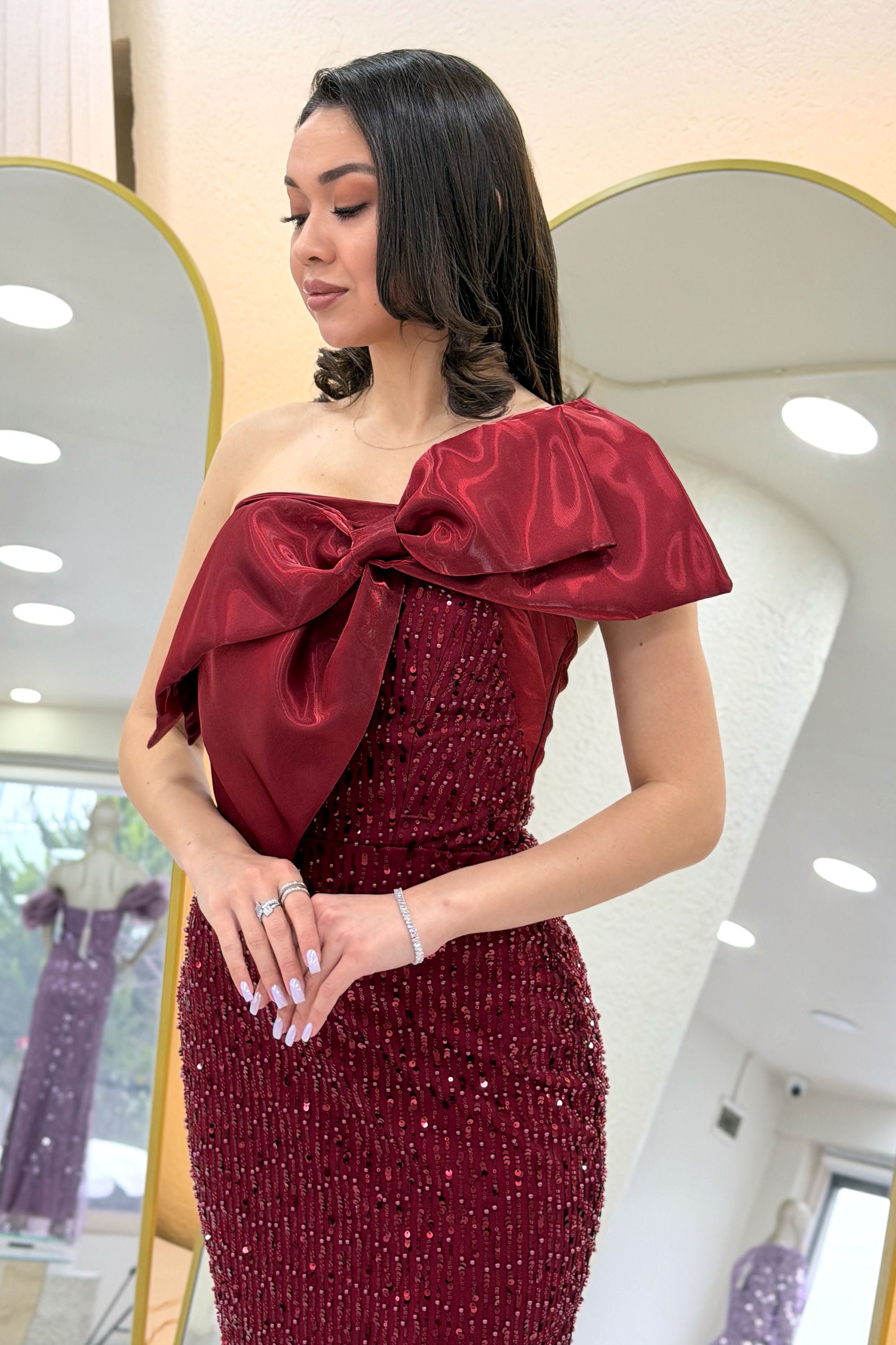 Burgundy Bow Collar Detail One-Shoulder Beaded Evening Dress