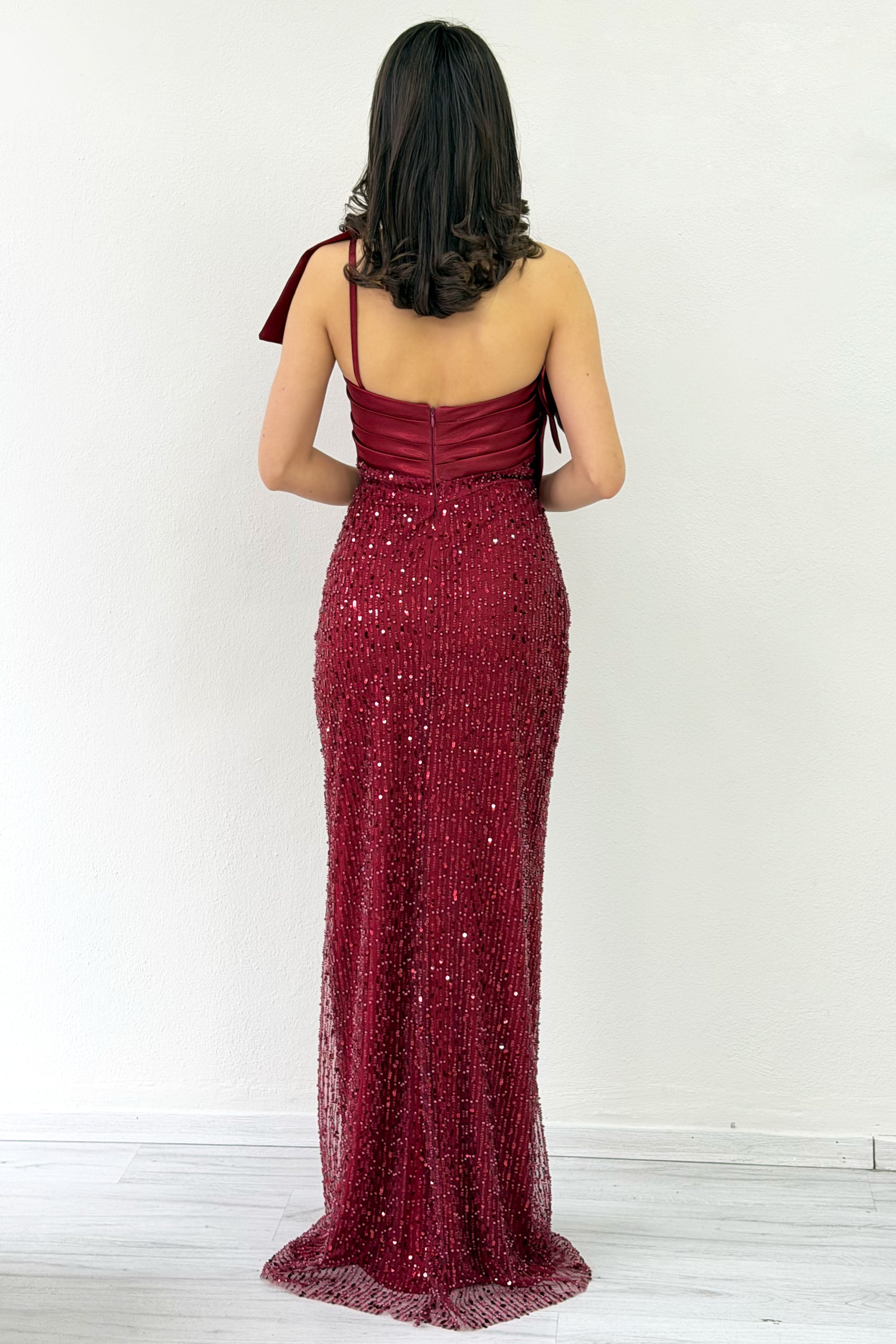 Burgundy Bow Collar Detail One-Shoulder Beaded Evening Dress