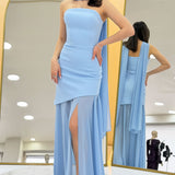 Baby Blue Shawl Detailed Strapless Tulle Skirt Asymmetrical Evening Dress