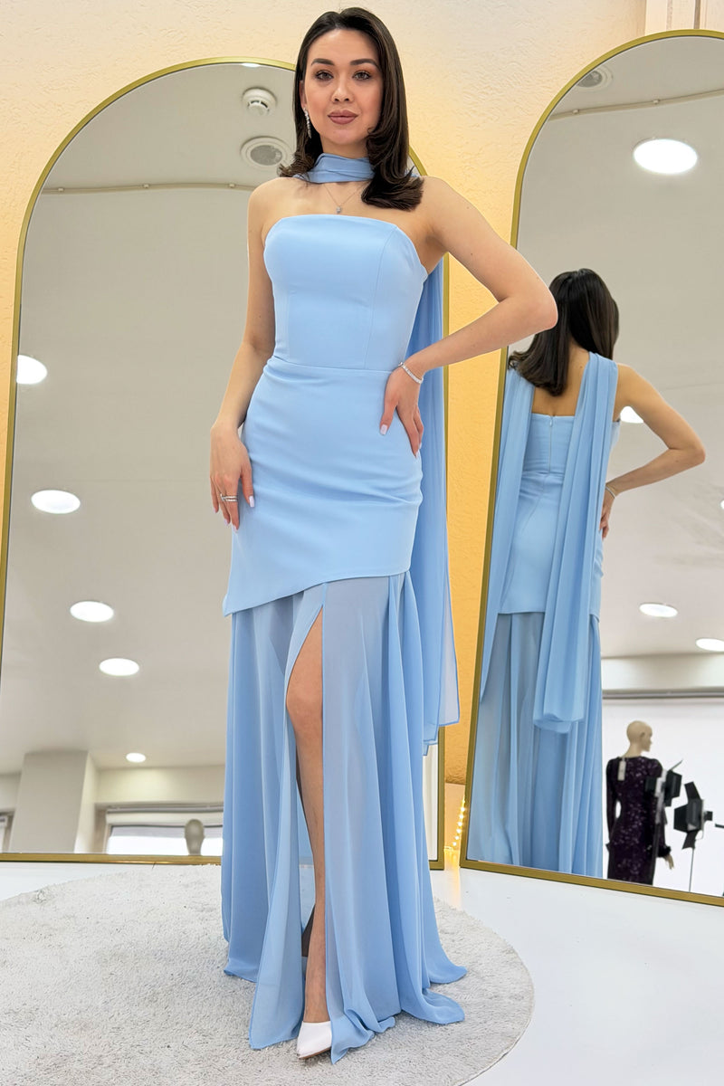 Baby Blue Shawl Detailed Strapless Tulle Skirt Asymmetrical Evening Dress