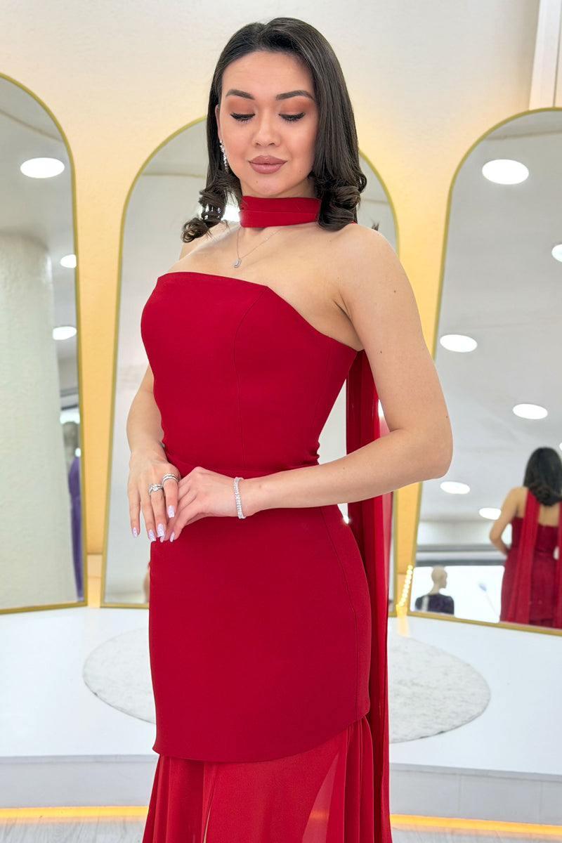 Red Shawl Detailed Strapless Tulle Skirt Asymmetrical Evening Dress