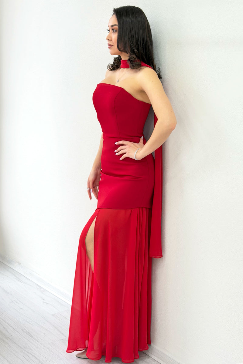 Red Shawl Detailed Strapless Tulle Skirt Asymmetrical Evening Dress