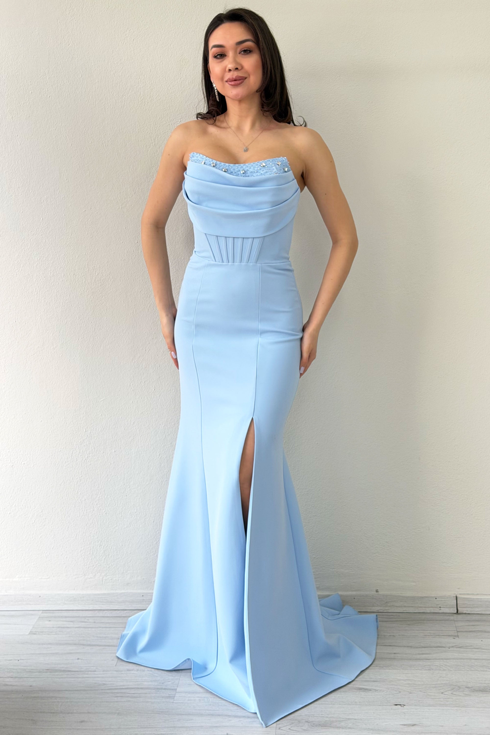 Baby Blue Stone Detailed Drape Mermaid Evening Dress