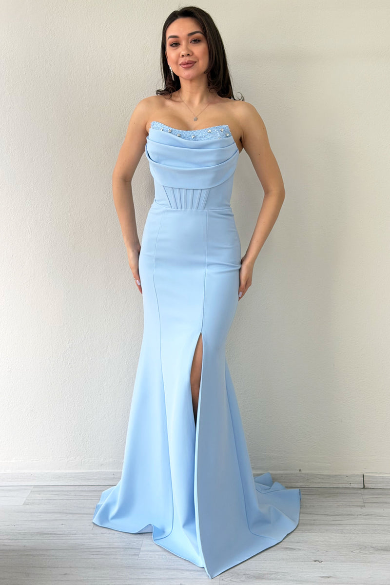 Baby Blue Stone Detailed Drape Mermaid Evening Dress