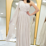 Beige One-Shoulder Cape Dress with Drape and Stone Details