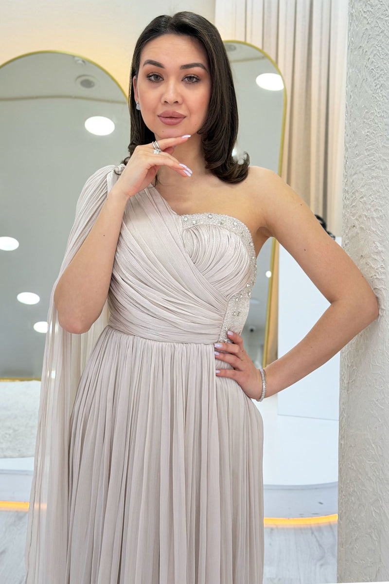 Beige One-Shoulder Cape Dress with Drape and Stone Details