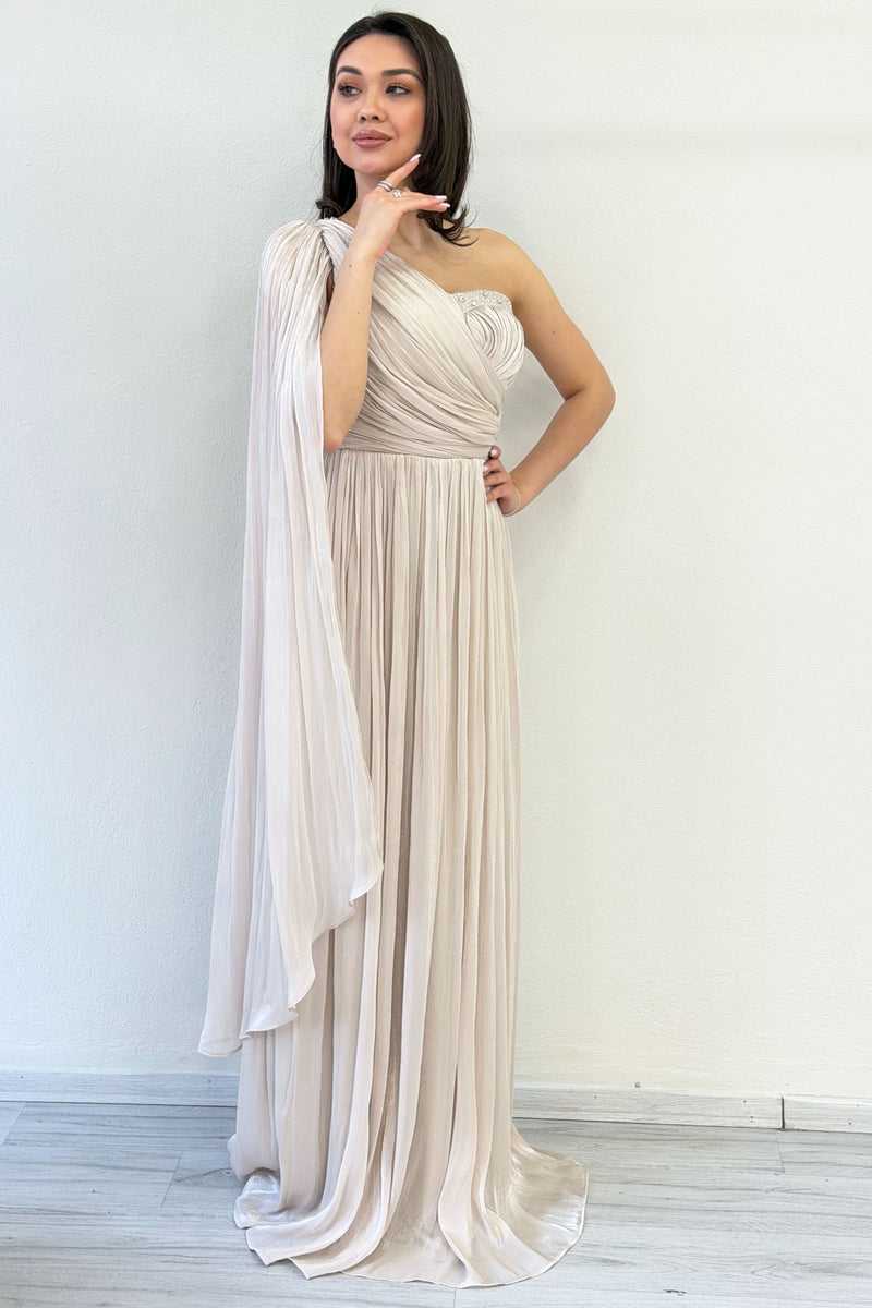 Beige One-Shoulder Cape Dress with Drape and Stone Details
