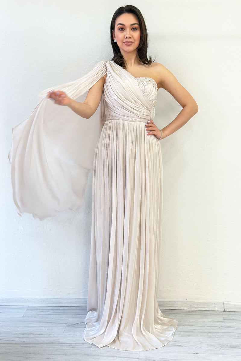 Beige One-Shoulder Cape Dress with Drape and Stone Details