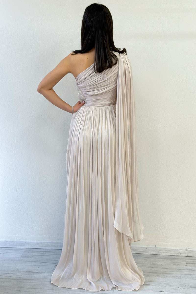 Beige One-Shoulder Cape Dress with Drape and Stone Details