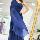 Navy Blue One-Shoulder Cape Dress with Drape and Stone Details