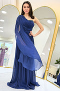 Navy Blue One-Shoulder Cape Dress with Drape and Stone Details