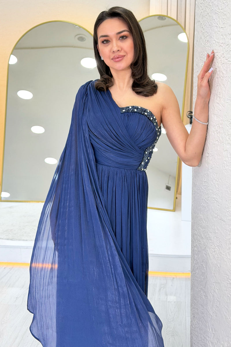 Navy Blue One-Shoulder Cape Dress with Drape and Stone Details