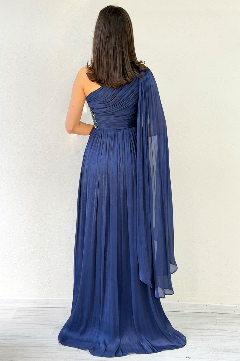 Navy Blue One-Shoulder Cape Dress with Drape and Stone Details