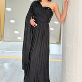 Black One-Shoulder Cape Dress with Drape and Stone Details