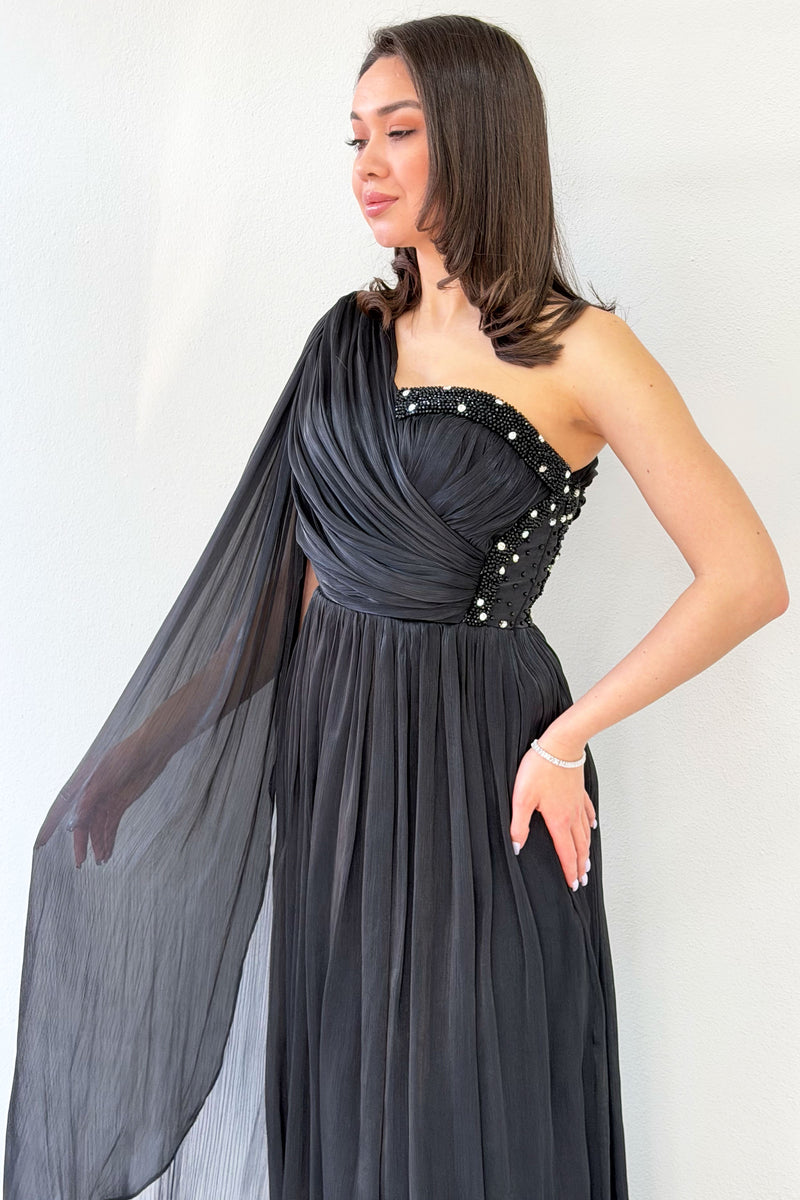 Black One-Shoulder Cape Dress with Drape and Stone Details