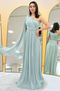 Aqua Green One-Shoulder Cape Dress with Drape and Stone Details
