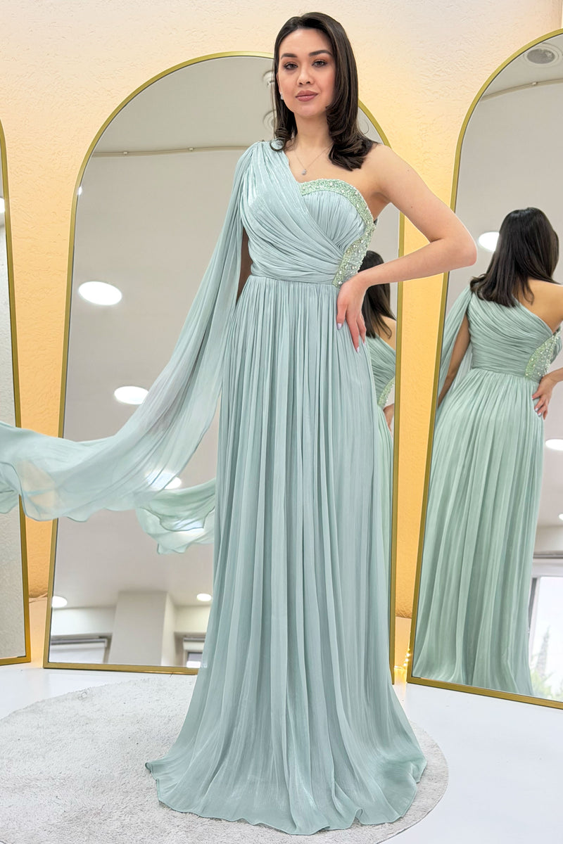 Aqua Green One-Shoulder Cape Dress with Drape and Stone Details