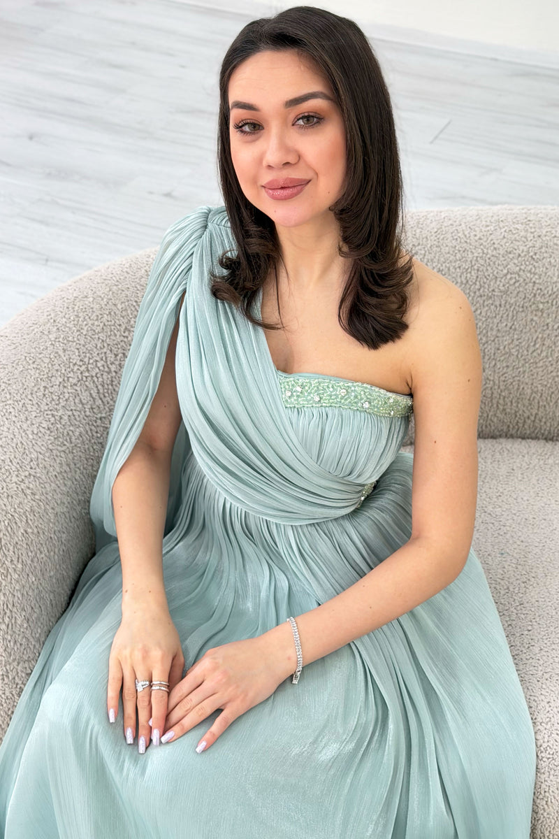 Aqua Green One-Shoulder Cape Dress with Drape and Stone Details