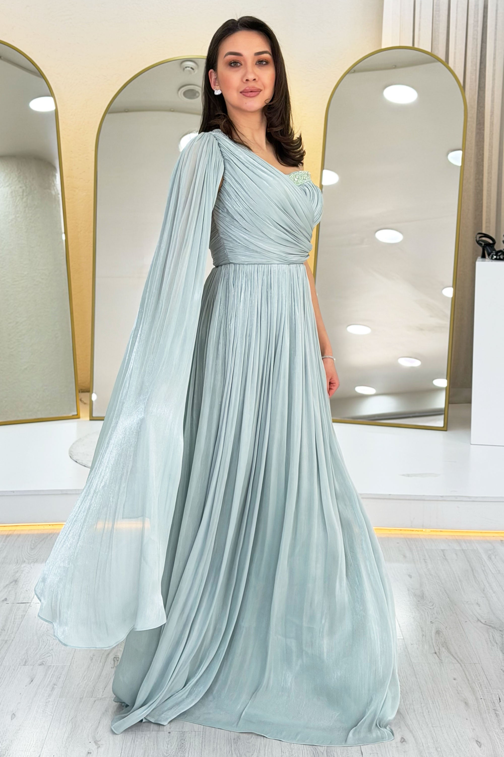 Aqua Green One-Shoulder Cape Dress with Drape and Stone Details