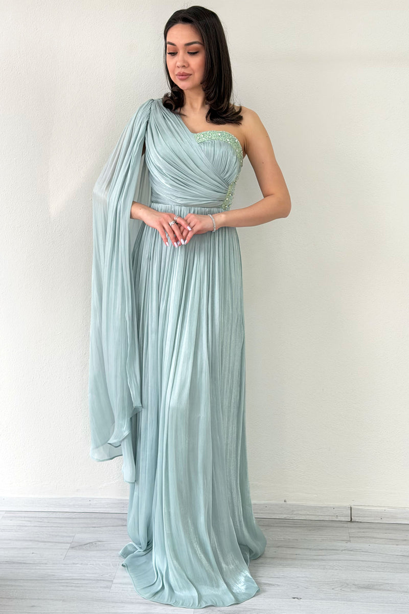 Aqua Green One-Shoulder Cape Dress with Drape and Stone Details