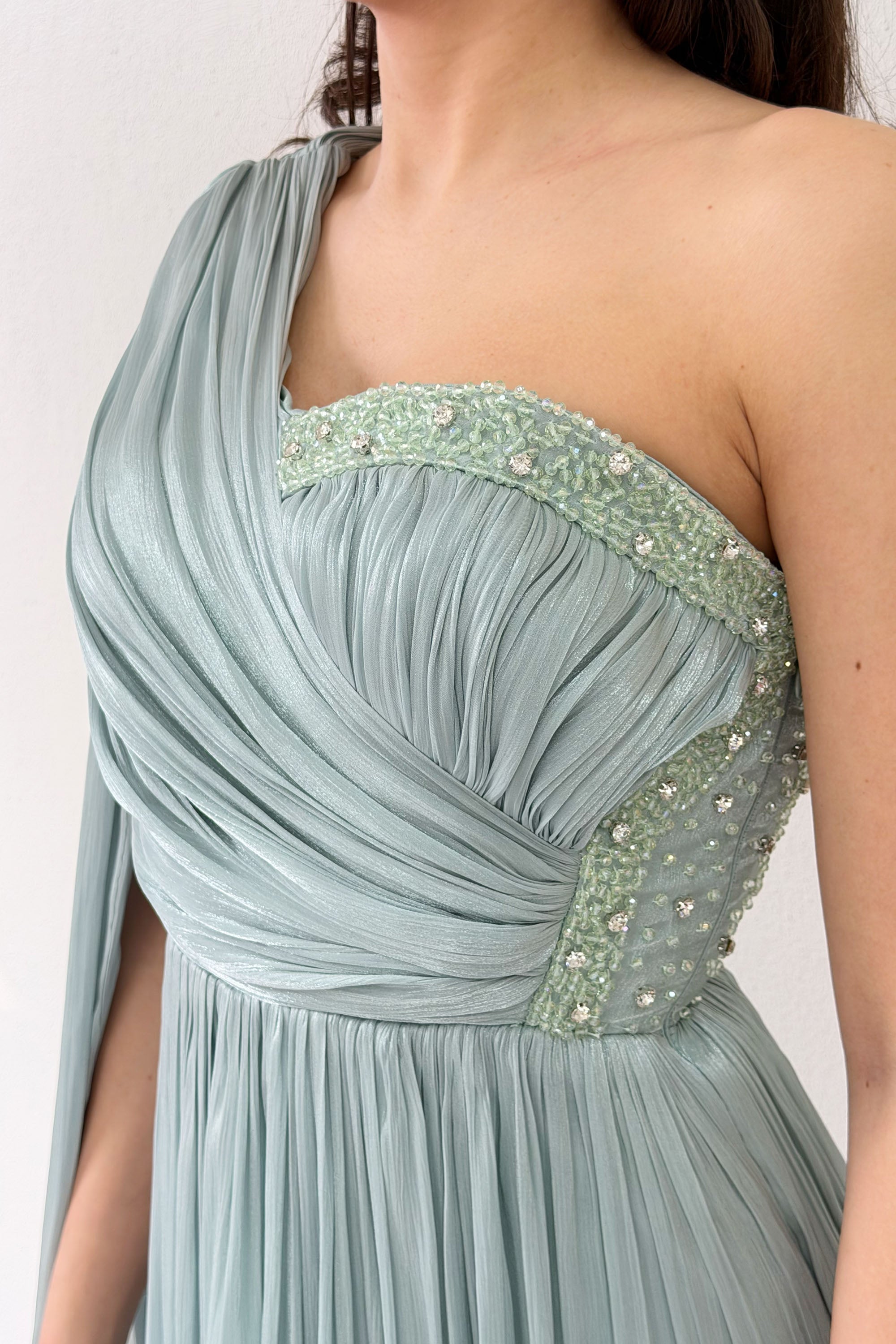 Aqua Green One-Shoulder Cape Dress with Drape and Stone Details