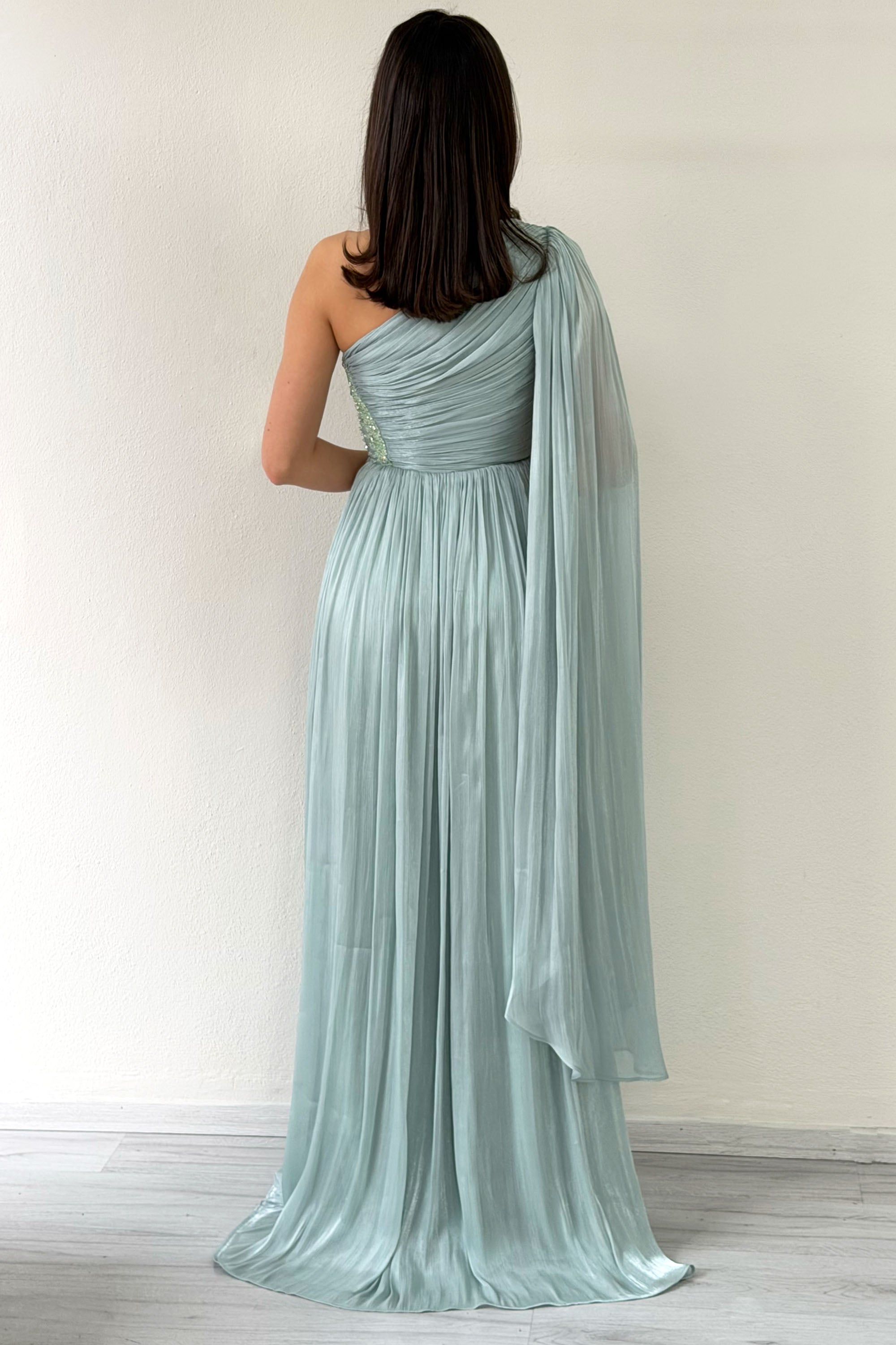 Aqua Green One-Shoulder Cape Dress with Drape and Stone Details