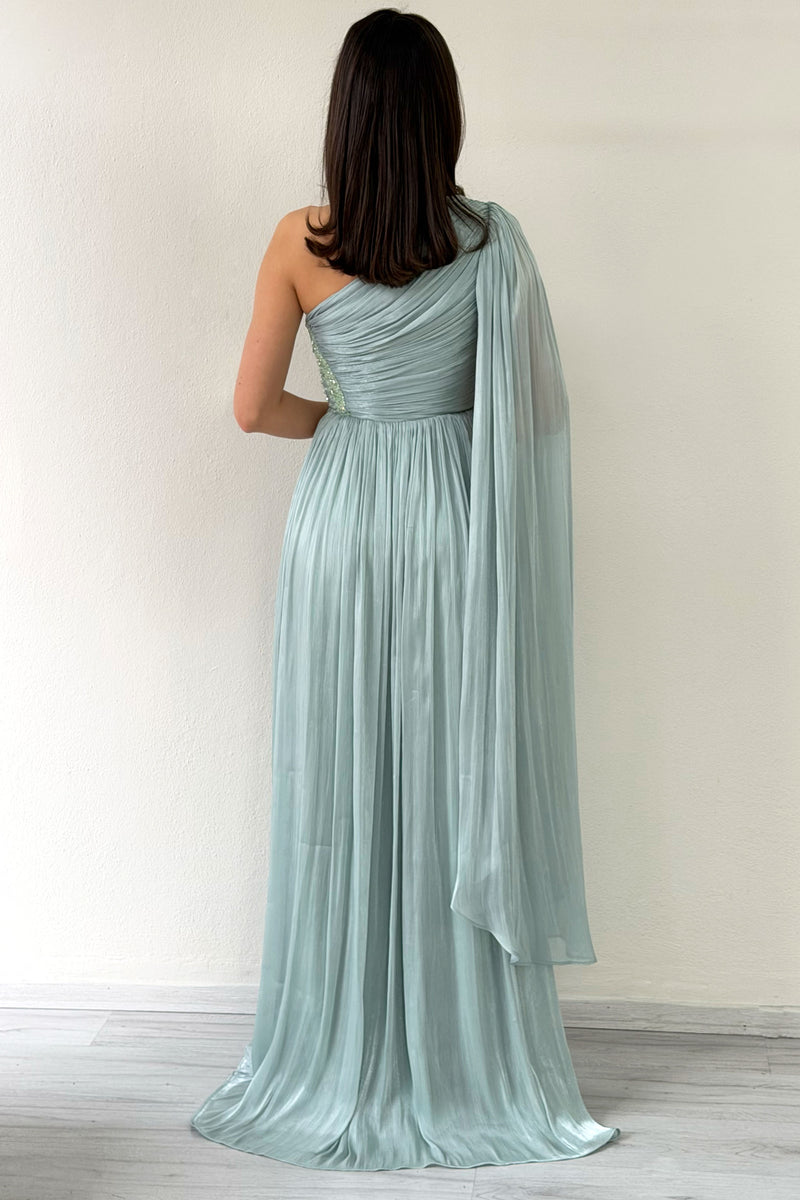 Aqua Green One-Shoulder Cape Dress with Drape and Stone Details