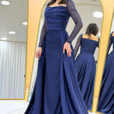 Navy Blue Sequined Long-Sleeved Square Neck Satin Evening Dress