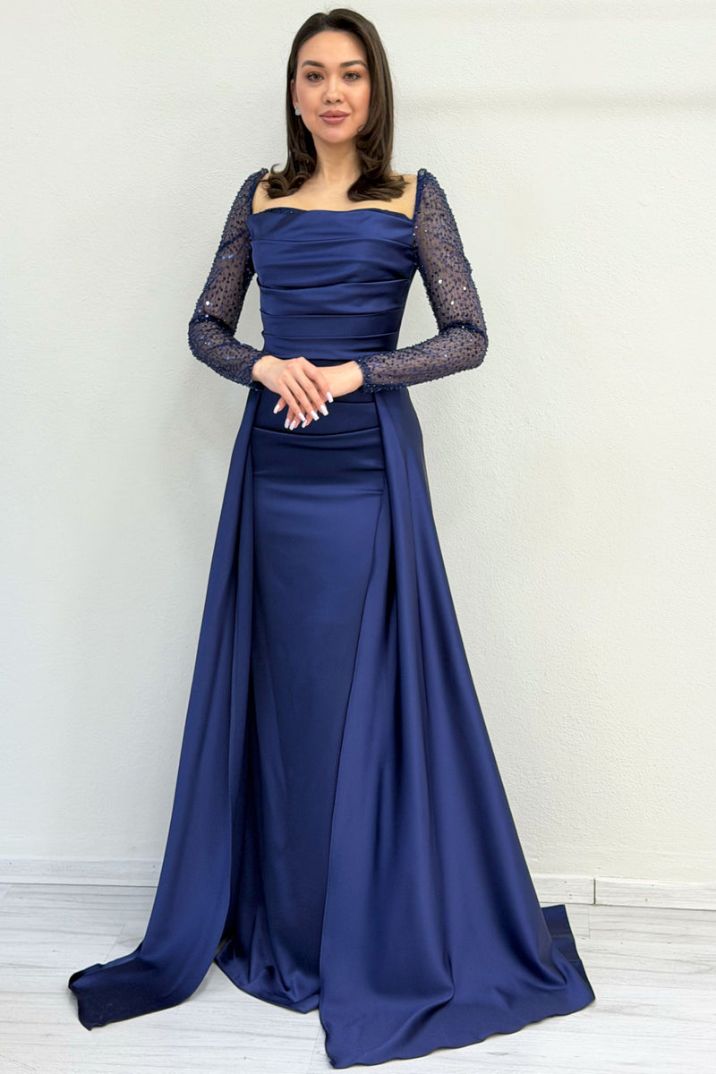 Navy Blue Sequined Long-Sleeved Square Neck Satin Evening Dress