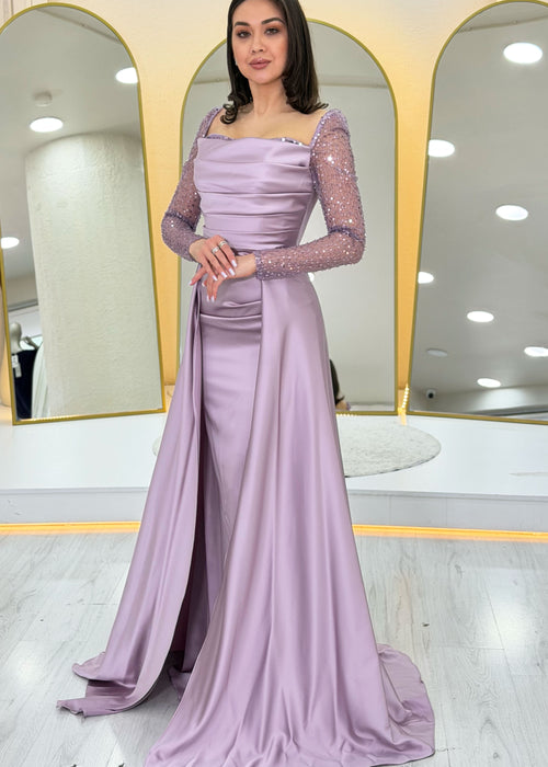 Lilac Beaded Long Sleeve Square Neck Satin Evening Dress