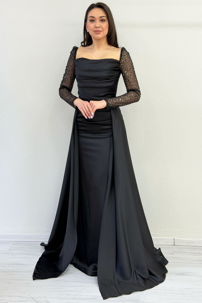 Black Sequin Embroidered Long Sleeve Square Neck Satin Evening Dress