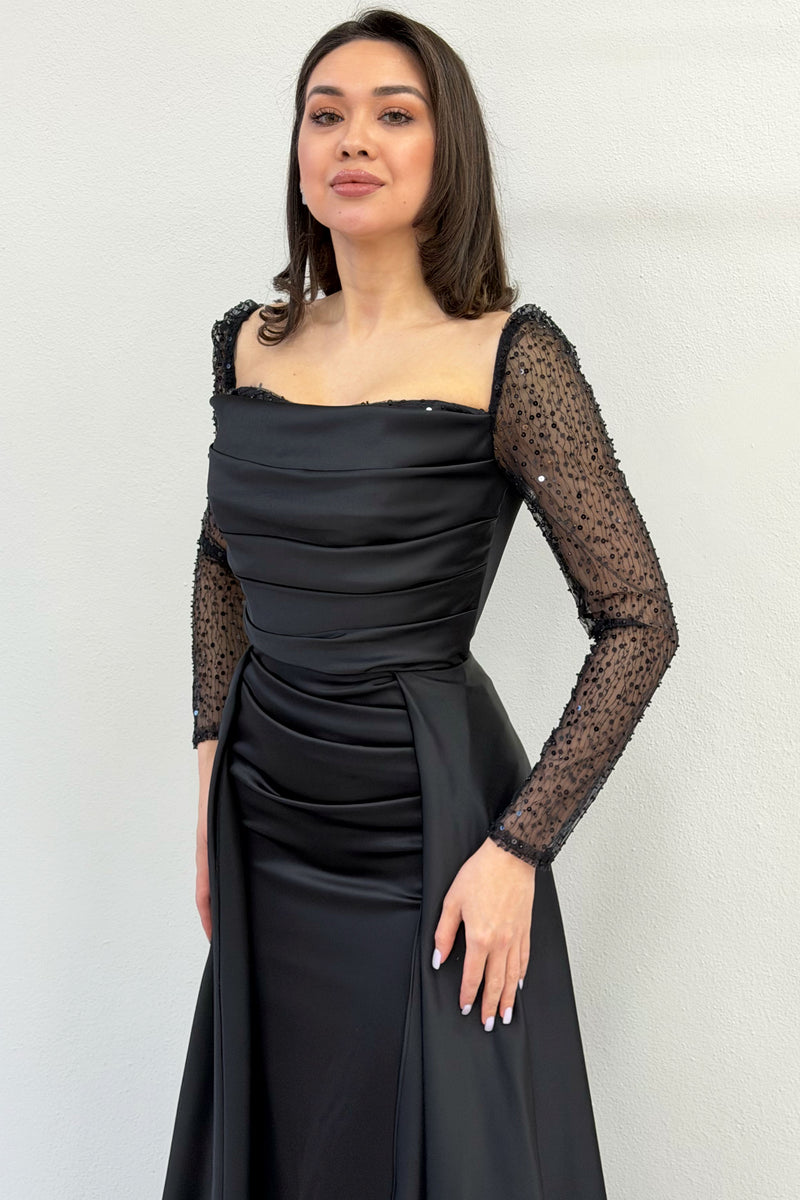 Black Sequin Embroidered Long Sleeve Square Neck Satin Evening Dress