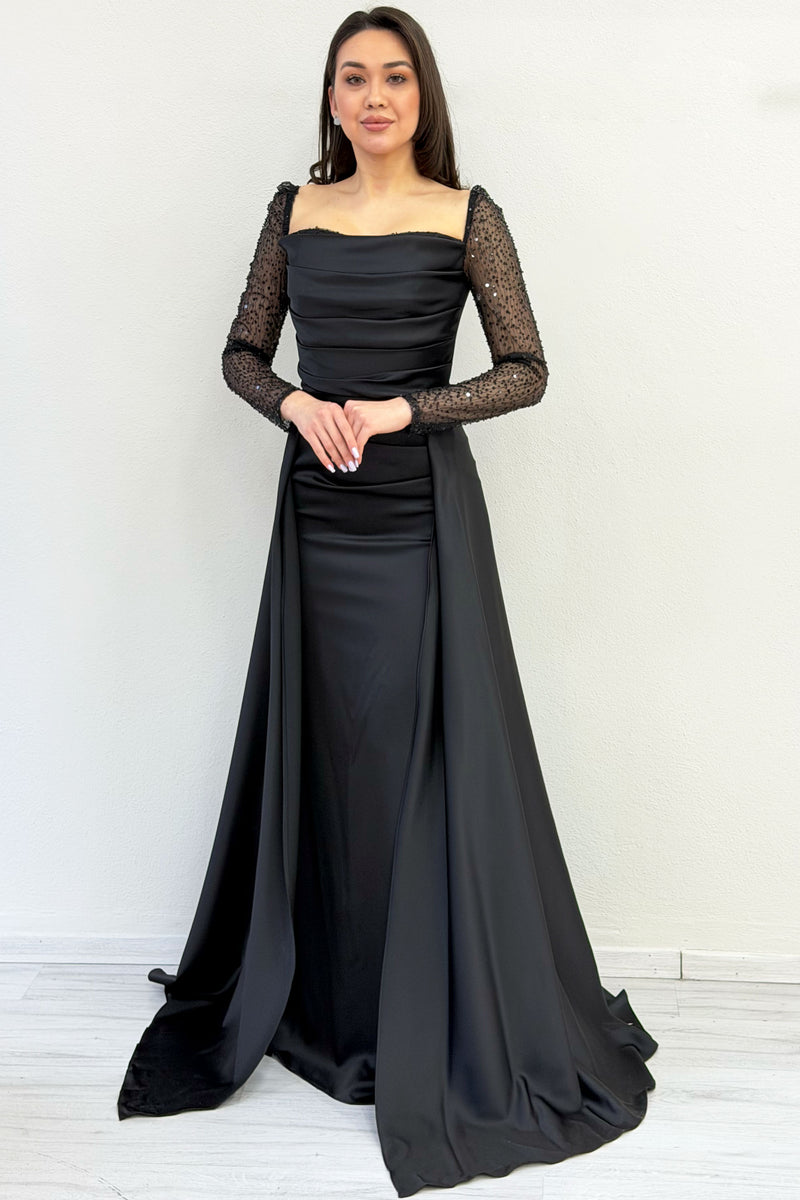 Black Sequin Embroidered Long Sleeve Square Neck Satin Evening Dress