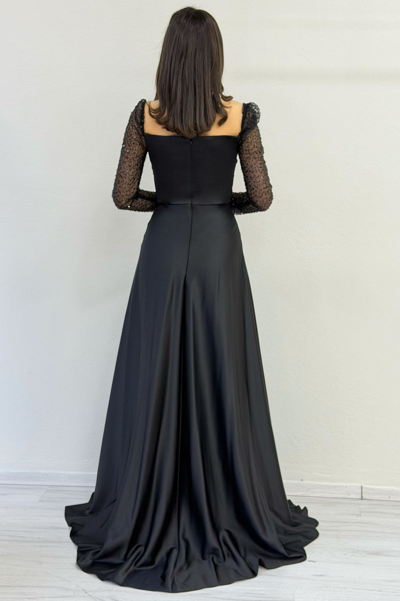 Black Sequin Embroidered Long Sleeve Square Neck Satin Evening Dress