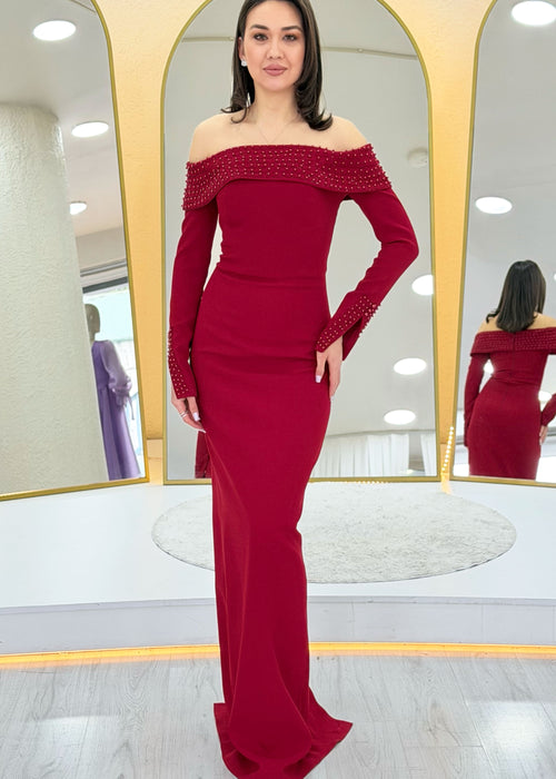 Red Madonna Collar Beaded Long Sleeve Mermaid Evening Dress