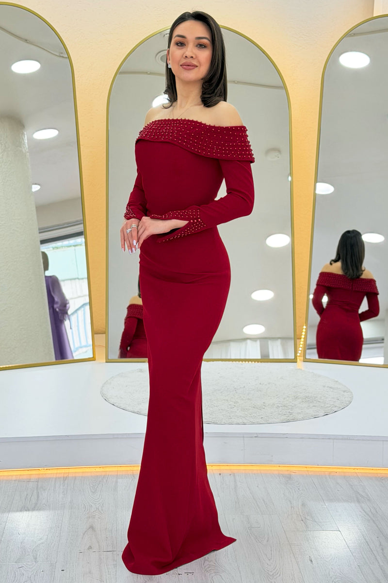 Red Madonna Collar Beaded Long Sleeve Mermaid Evening Dress