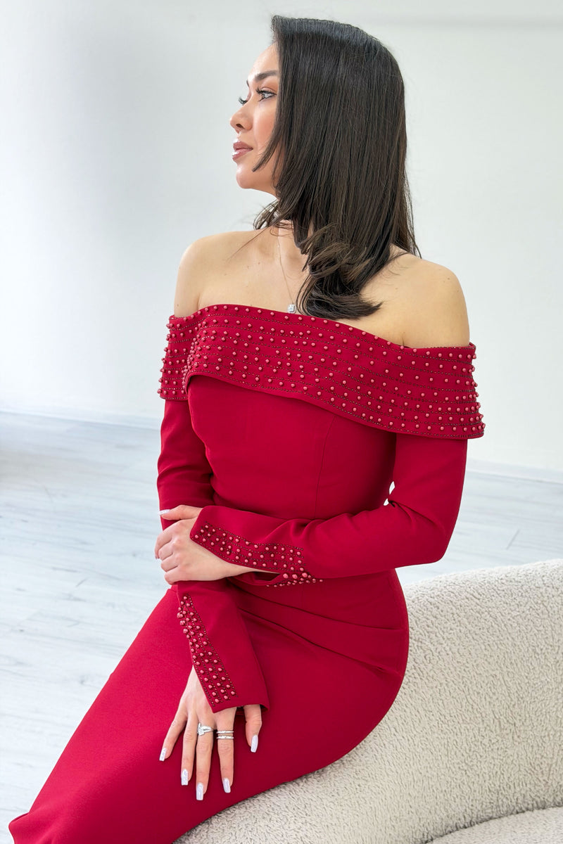 Red Madonna Collar Beaded Long Sleeve Mermaid Evening Dress